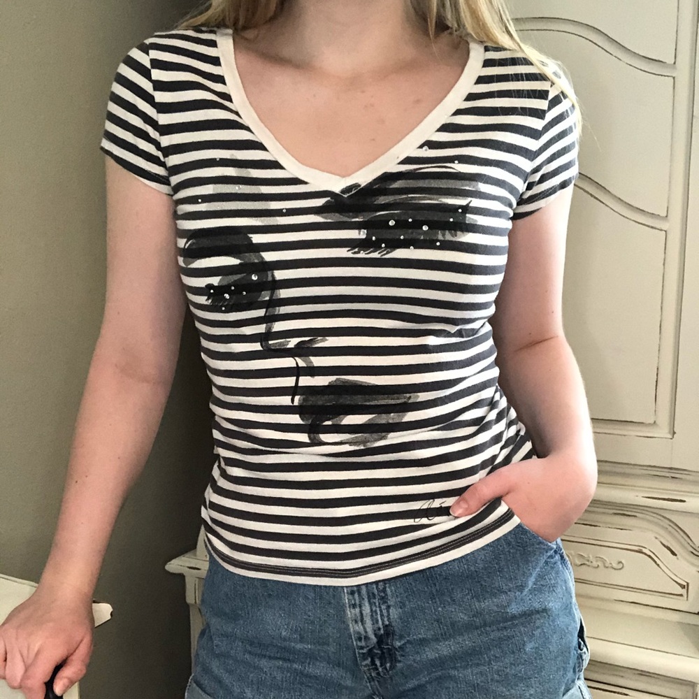 💐Lady’s Face Striped Tee with Gemstones